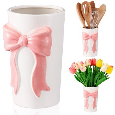 Pink Bow Ceramic Utensil Holder 3D Coquette Handmade Pink Kitchen Decor Gifts...