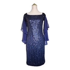Rickie Freeman Teri Jon Navy Sequin Silk Chiffon Sleeve Dress Holiday 10 New