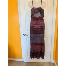American Eagle Boho Floral Maxi Dress Purple Pink Cutout Pom Pom Trim Small