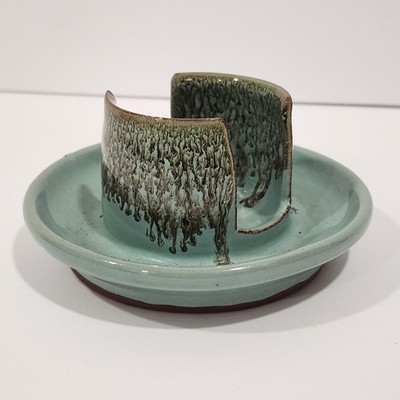 ORZ Studio Pottery Green Drip Glaze Votive Candle Holder 4.5in Signed Art Decor