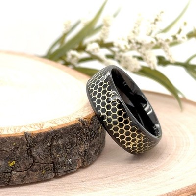 Christmas Gifts Men Band Gold Honeycomb Inlay Durable Ring 8mm Black Tungsten