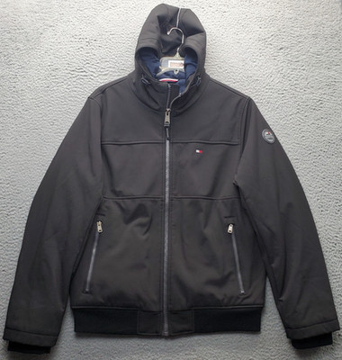 Tommy Hilfiger Jacket Mens M Black Softshell Stretch Adjustable Drawcord Hooded