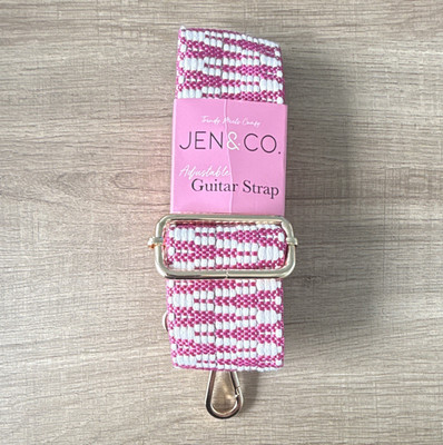 JEN&CO. Adjustable Woven Guitar Strap Pink/White, Standard Width