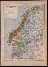 1890ca - Carta Antica Di La Svezia, Norvegia e Danimarca - Incisione Antica