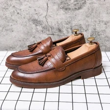 Men's Soft Patent Leather Platform Chunky Heel Loafers Tassel Work Shoes Loafers