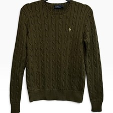 Ralph Lauren Polo Olive Green Cable Knit Sweater Ivory Pony Cotton Womens Large
