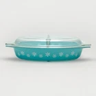 Vintage Pyrex Turquoise Snowflake Divided Oval Casserole Dish 1.5 Qt w/ Lid