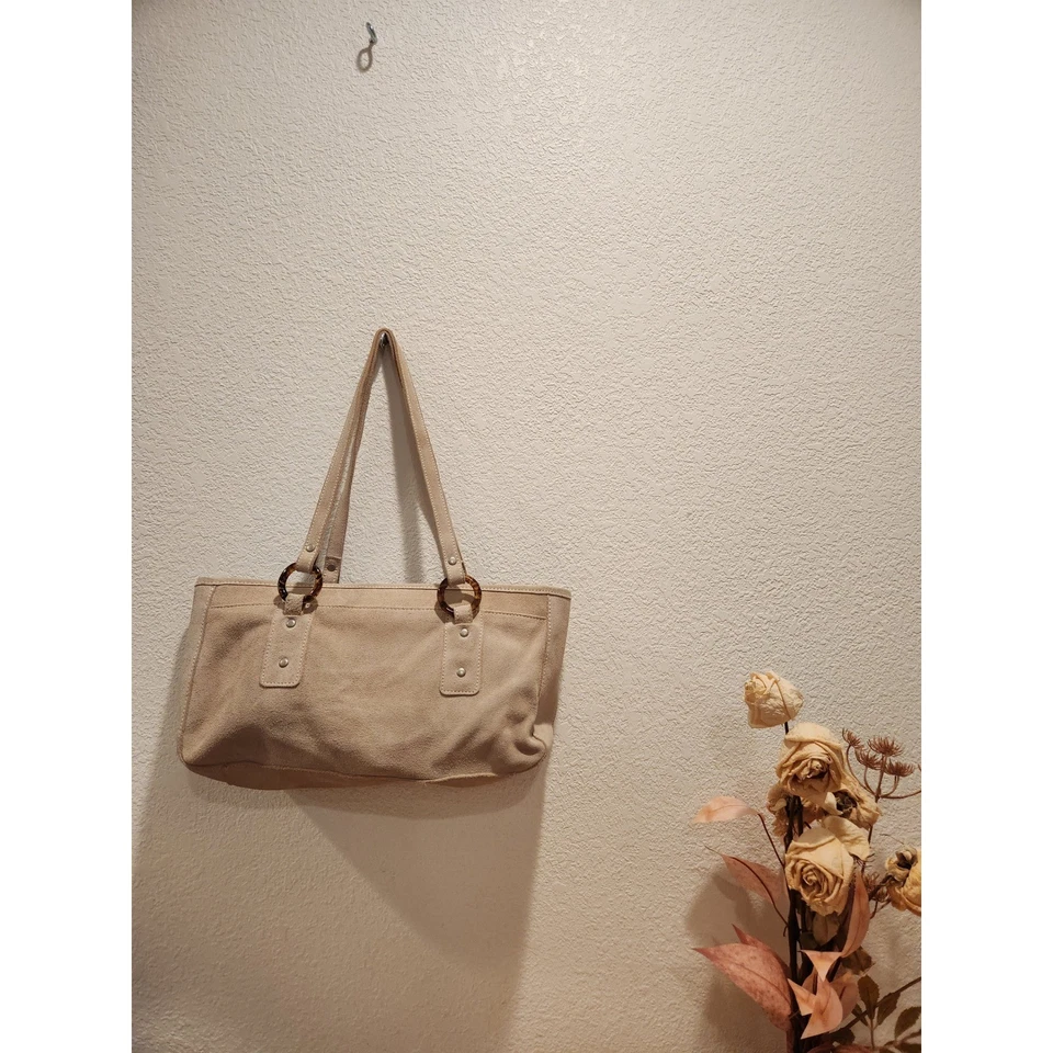 Bolso de Mano Vintage Gamuza Cuero Beige Cartera de Hombro Primavera Antiguo Azul Marino 2002 Y2K 13" Foto 2 de 4