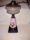 Vtg/Antique Victorian Oil Lamp Milk Glass Hand Painted Floral Pink Iron Base