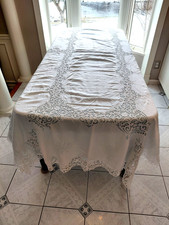 Vintage White Cutwork Linen Tablecloth 61 x 124