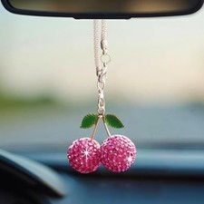Bling Cherry Car Hanging Ornament, Cute Crystal Rear View Mirror Purple Cherry