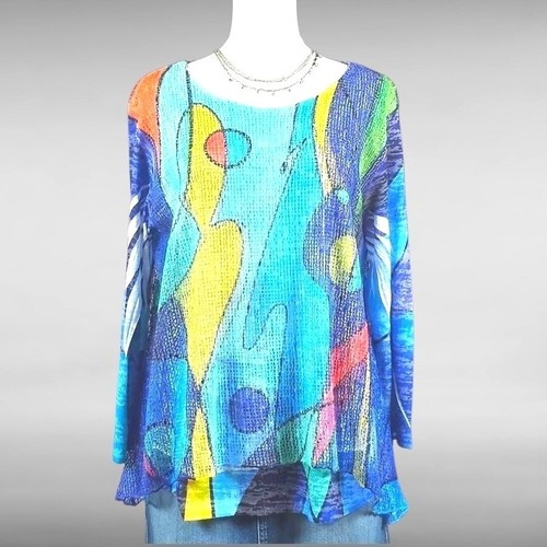 Art to Wear Funky Mesh Tunic Top Colorful Layered Boho Eclectic Womens L