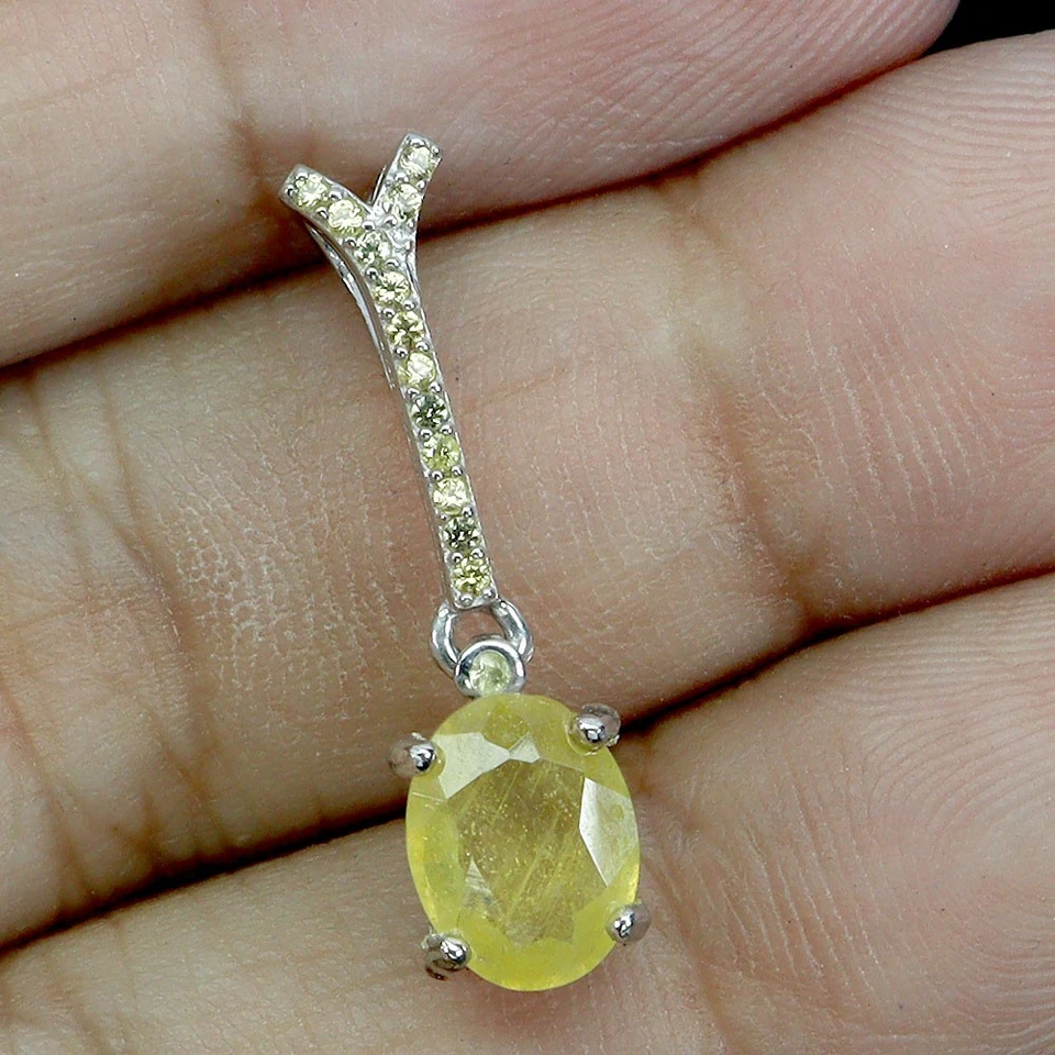 925 Pendente Argento Sterling Ovale Giallo Zaffiro 8x6mm Zaffiro Gemma Gioielli - Immagine 2 di 4