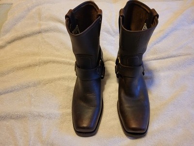 FRYE; WOMENS SIZE 7.5 M LEATHER HARNESS MOTO BOOTS. ( U.S.A. MADE )  DARK BROWN