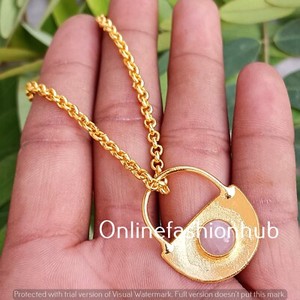 Authentic Rose Quartz Gemstone Yellow Gold Plated Handmade Lock 1 PC Pendant With Chain