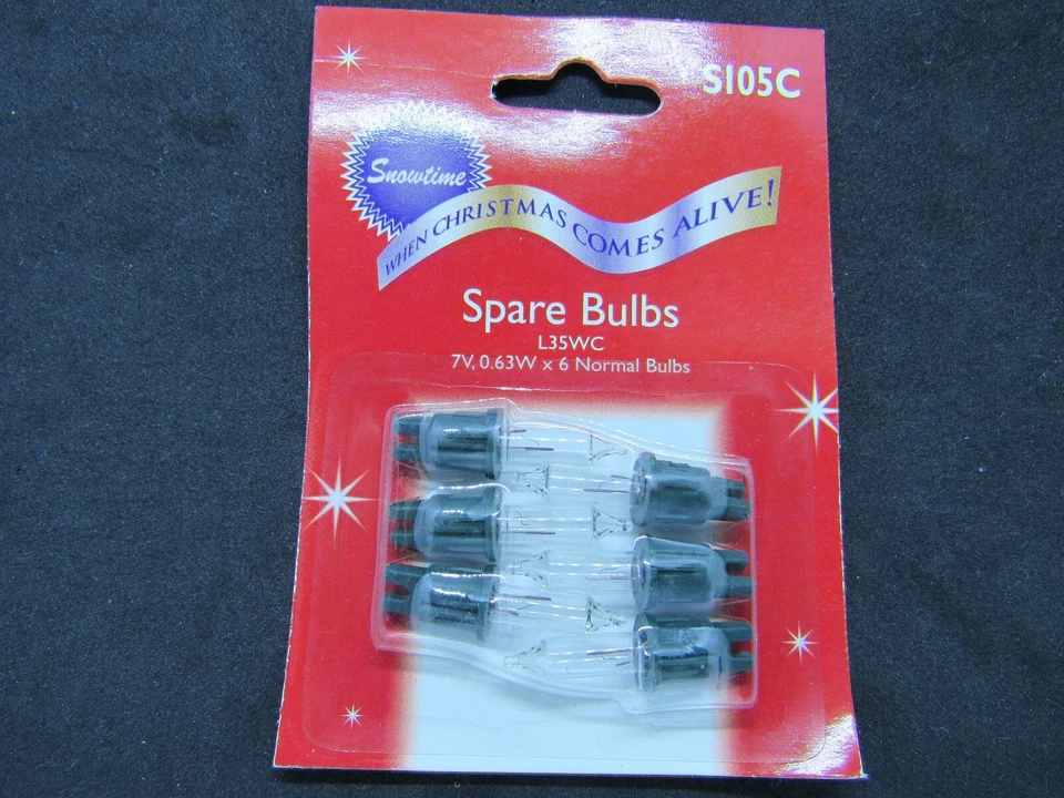 SNOWTIME XMAS BULBS 7v 0.63w clear ( S105C ) 6 clear notched bulbs L35WC