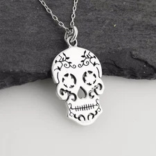 Sterling Silver Sugar Skull Calavera Necklace with 18" Chain