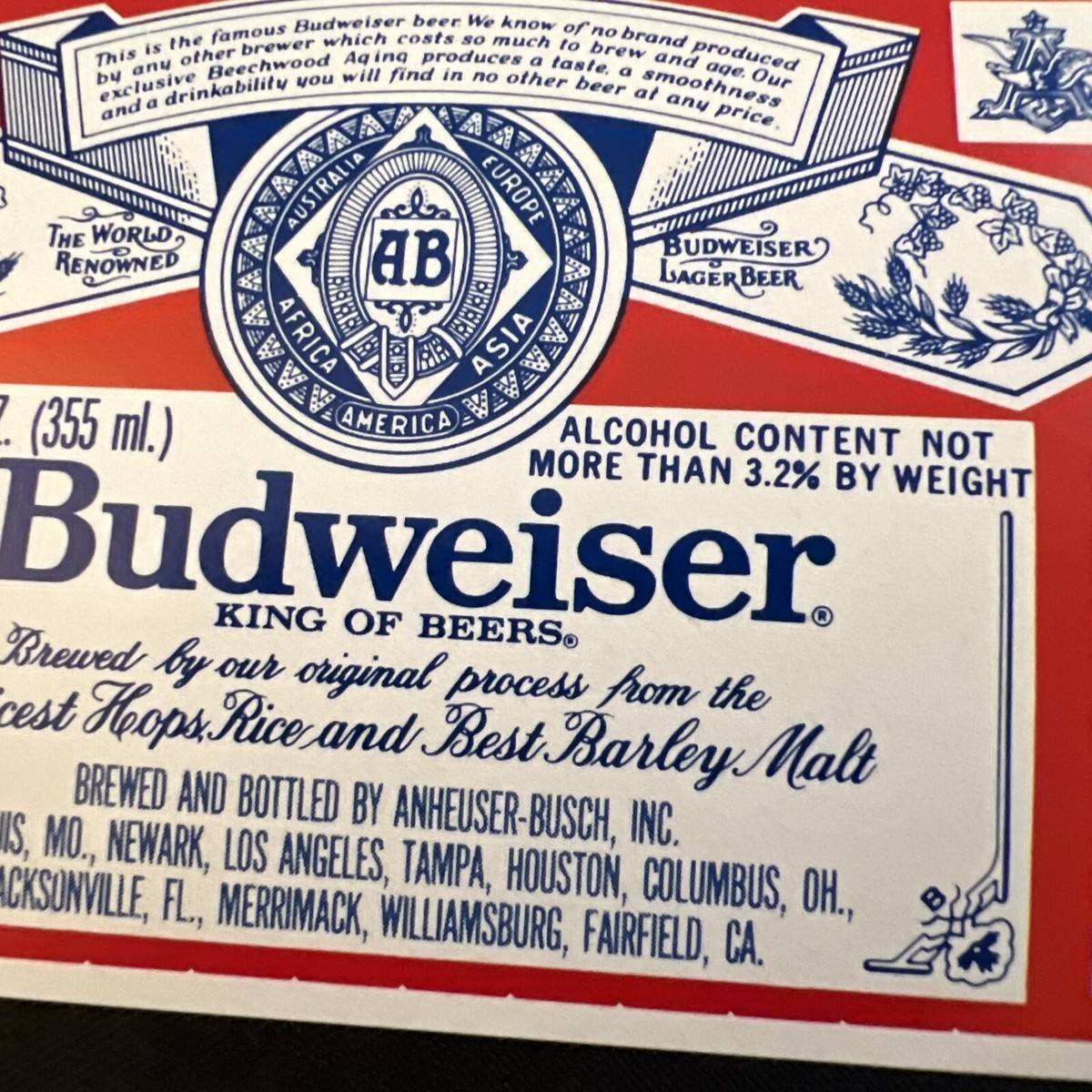 😅Vintage BUDWEISER LAGER BEER Bottle Label Anheuser Busch NOS 3.2
