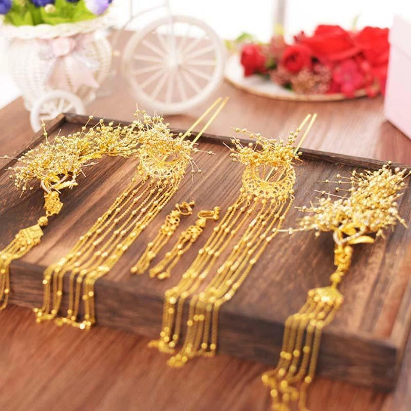 Chinese Style Bride Wedding Hair Ornaments Retro Tassel Headdress+Earrings Set - Image 3 of 4