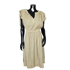 Vintage 70s Young Edwardian Rare Tan Linen Weave Burlap Dress Cinch Sleeves