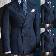 Blue Denim Men's Suit Fomal Business Double Breasted Peak Lapel Tuxedo Blazer