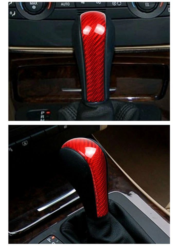 Cubierta de ajuste de cabeza de perilla de cambio de marchas de fibra de carbono roja para BMW E90 E91 E60 E61 E63 Foto 2 de 4