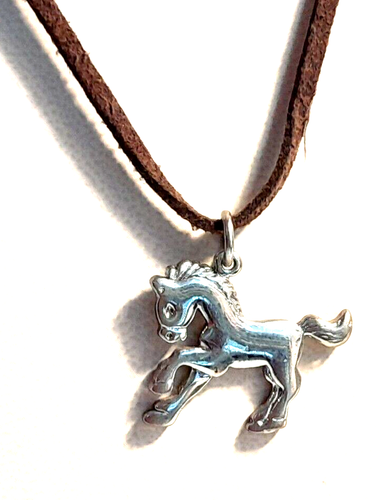 Vintage Lia Sophia Rawhide Necklace Silver Tone Horse Pendant 16" + 3"
