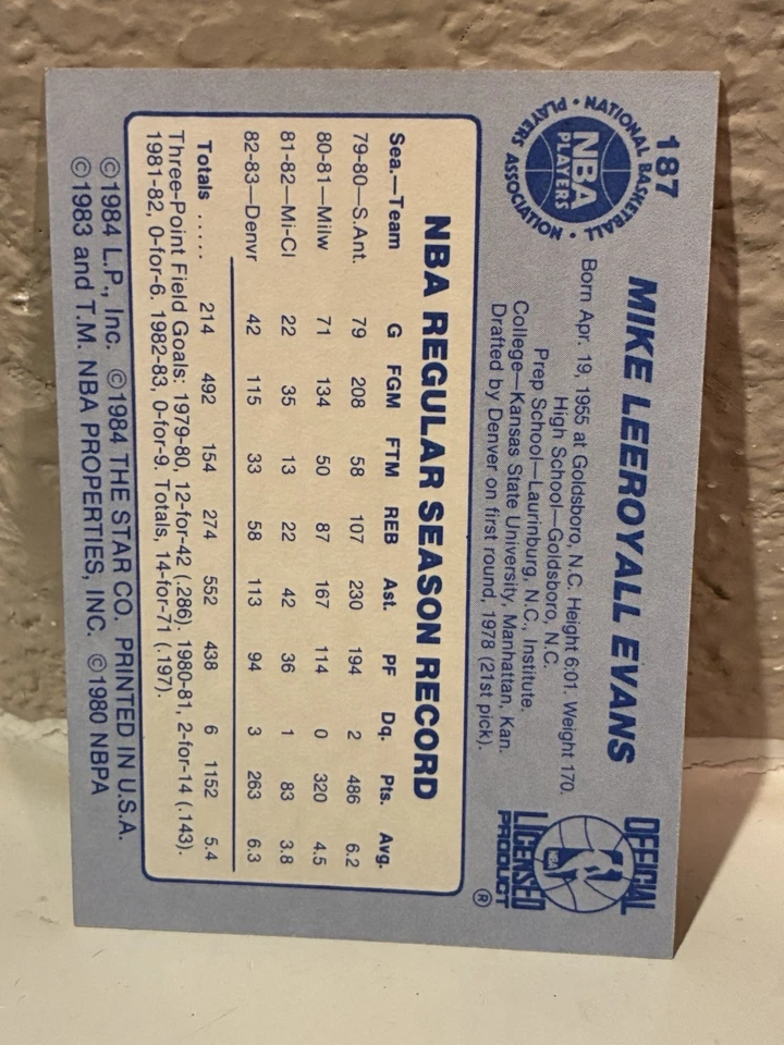 1983-84 Star Mike Evans #187 Denver Nuggets EXMT C - Image 2 of 2