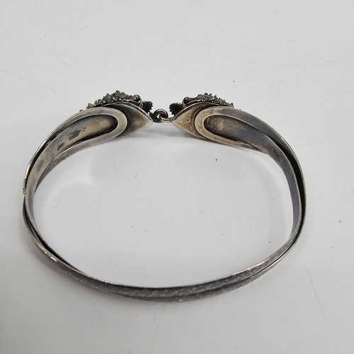 Antique Asian Double Dragon Head Figural Sterling Silver Onyx Bangle Bracelet - Picture 3 of 4