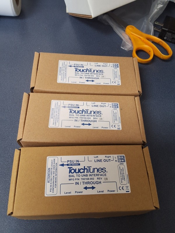  3 TouchTunes Bal to UNB Interface Blue Di Boxes, P/N 700168-002, Rev 08