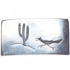 Vintage Navajo Overlay Roadrunner/Saguaro cactus belt buckle sterling silver