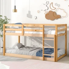 Twin over Twin Floor Bunk Bed,  Solid Wood Low Bunk Bed with Safety Rail, Ladder
