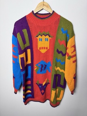 VTG 1990 IB Diffusion Sport Heavy Knit Sweater Sz L Aztec Pattern Retro Color