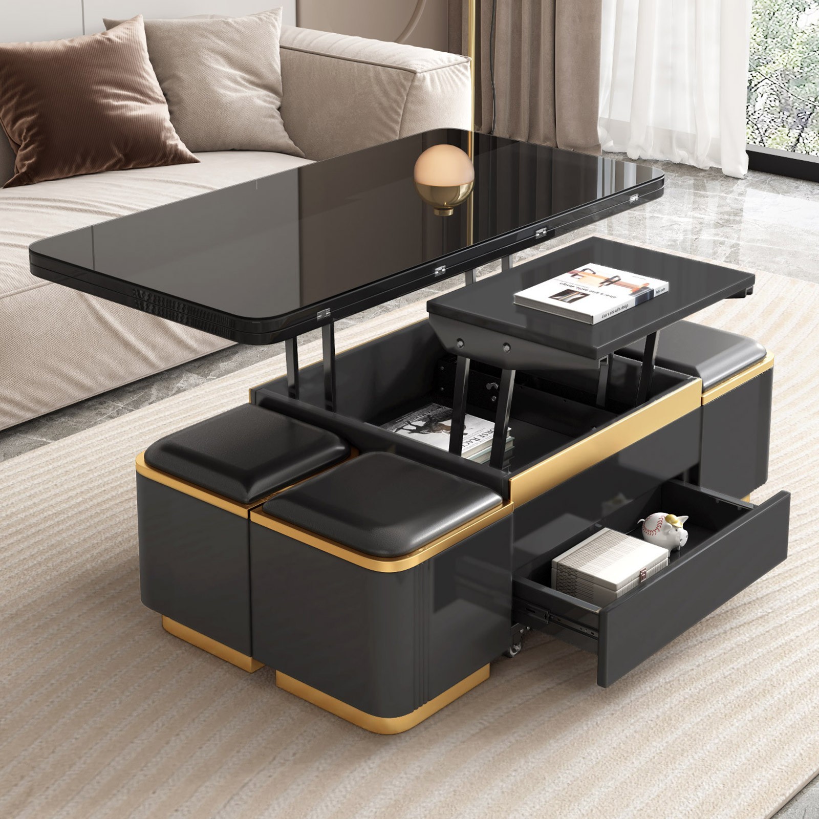 3 in-1 Multi-Function Lift Top Coffee Table with 4 Stools Black Coffee Table