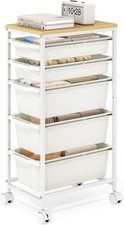 Rolling Storage Cart with 5 Drawers, Craft Organizer, Wooden Tabletop Utility Ca