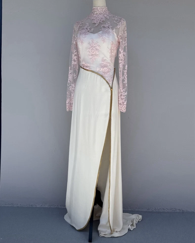 Marc Kirsten Pink Lace Ivory Satin Evening Gown Long Sleeve Sheath Gala Dress - Image 2 of 4