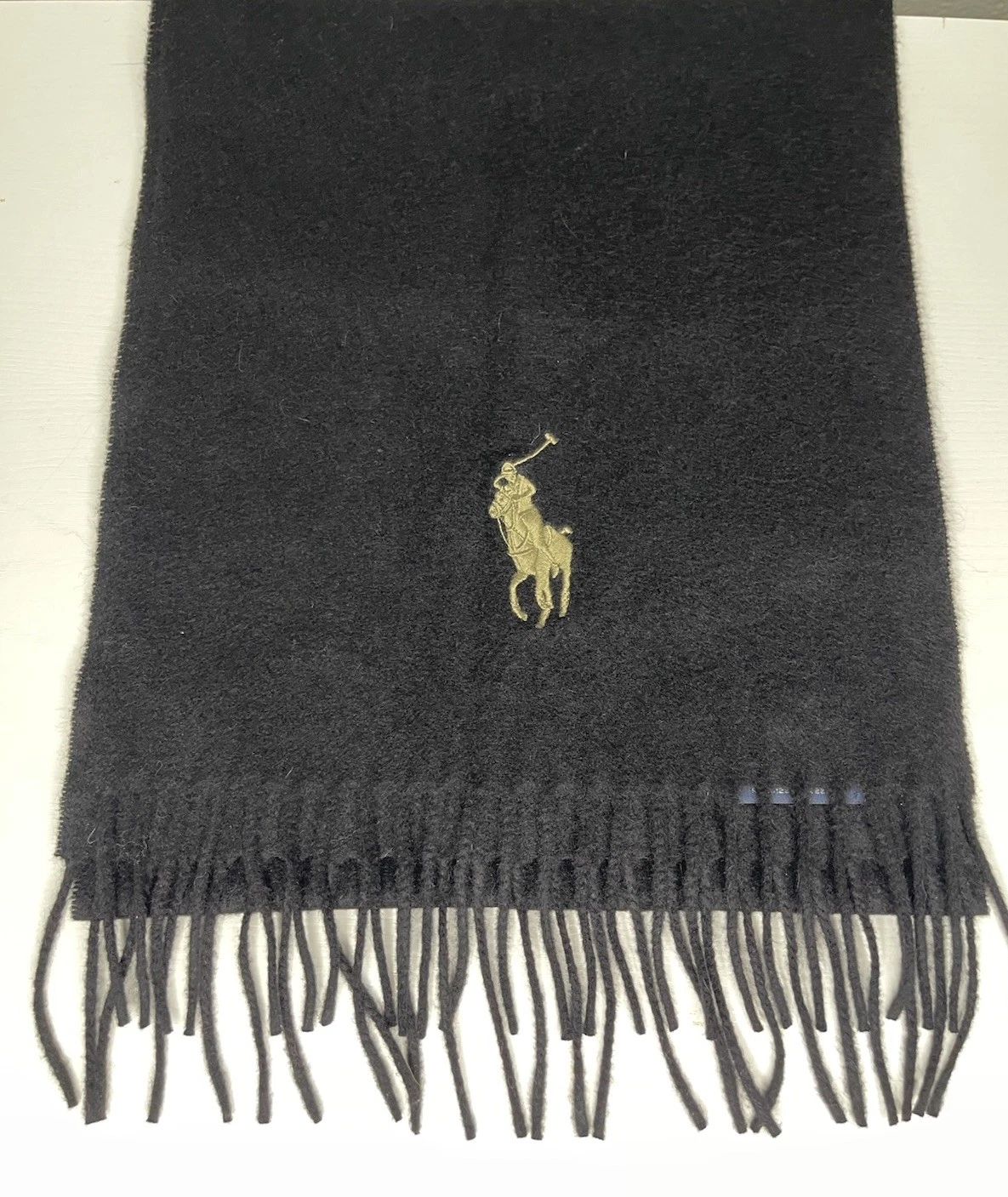 Polo Ralph Lauren 100% Lambs Wool Scarf Black Fringe Yellow BIG Pony Logo 59”