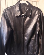 Classic Black Leather Casual Jacket with Point Collar-Front Zip-Medium