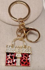 Mini Handbag Bag Charm Keychain Keyring Red Enameled Leopard Gold Tone Bling EC