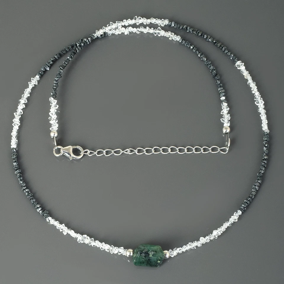 Naturschwarz Diamant & Herkimer Quarz AAA Smaragd Perlen Verstellbar Halskette - Bild 2 von 4