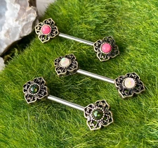 PAIR Opal Glitter Center Tribal Flower Nipple Rings Shield Barbells 14g 14 gauge