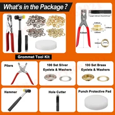1/2 Grommet Pliers Tool Kit with Hammer, Hole Punch, 200 Set eyelets & washers
