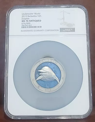 2019 NGC MS 70 BARBADOS 3oz Silver $5 "UNERWATER WORLD - DOLPHIN" #74 Antiqued