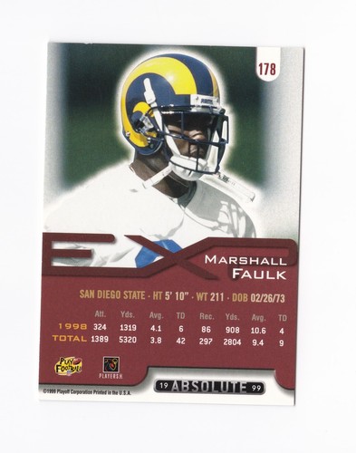 1999 Absolute EXP #178 Marshall Faulk St. Louis Rams San Diego State Aztecs - Picture 2 of 2