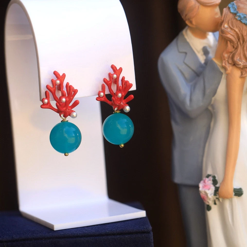 Ohrstecker Goldene Koralle Emaille Rot Perle Amazonit Türkis DZ1 - Bild 3 von 4
