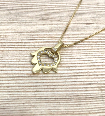 Gelbgold 14k Gold Handwerk Hamsa Halskette mit Diamanten an massiv Gold 14k Kette