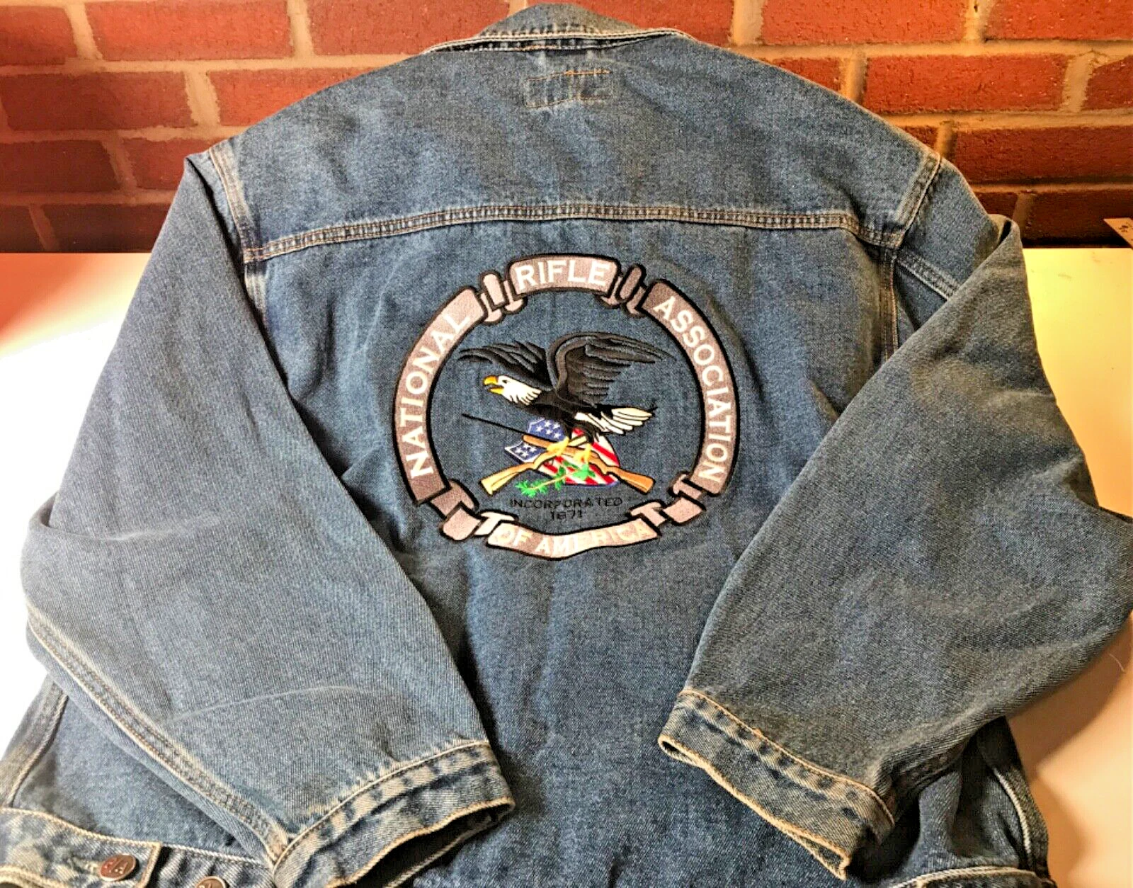 Vintage NRA Lg Color Embroidered logo Denim Jean Jacket Mens L Large Made In USA