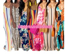 Women Tie Dyed Spaghetti Strap Loose Floor Length Beach Holiday Maxi Dress #P
