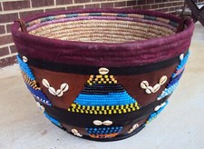 HUGE VINTAGE 22" HANDMADE AFRICAN BASKET Leather Beads Cowrie Textile VERY RARE 