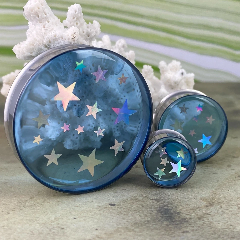 Pair of Blue Resin with Holographic Stars Plugs (EMB-013) gauges Choose Size - Image 4 of 4
